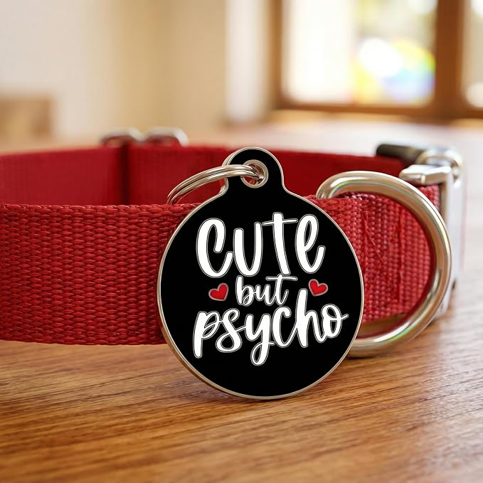 Bad Tags Personalized Dog and Cat ID Tags in 25+ Designs and 2 Sizes - 5 Lines of Custom Engraved Text - Funny Cute Personalized Pet Tags (Cute But Psycho - Black, Small (1 inch))
