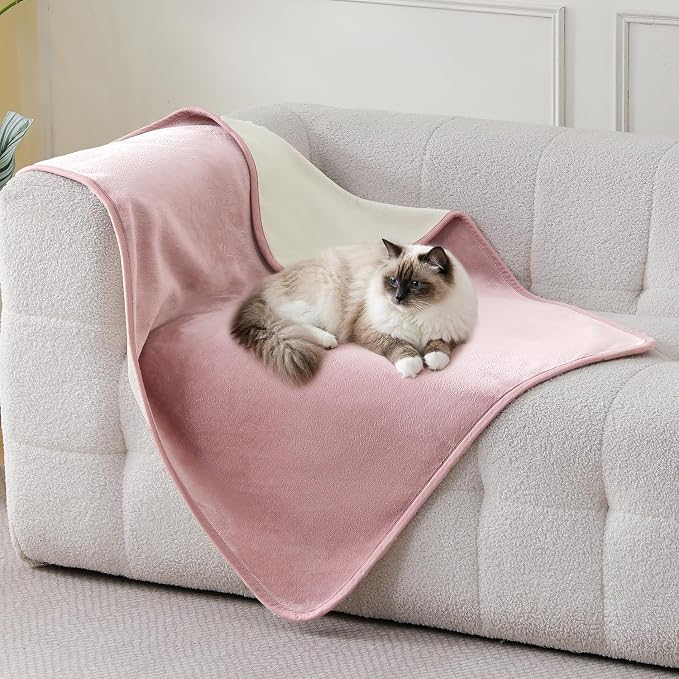 Waterproof Blanket 30"x40" for Dogs Cats, Reversible Waterproof Bed Cover for Pets, Soft Leakproof Blanket for Bed Couch Sofa Furniture Protector, Dusty Pink/Off White