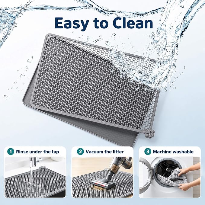 Silicone Cat Litter Mat 24x15" Double Layer Honeycomb Non-Slip | Food-Grade, Machine Washable, Anti-Crease, Claw-Proof, Raised Edges, 24 x 15‘’ Fits Standard Box, Soft on Paws