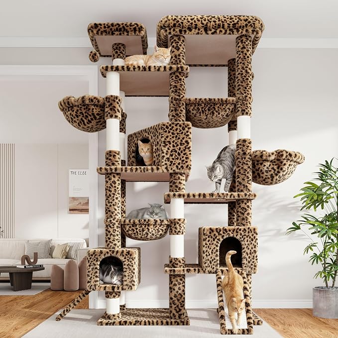 Sha Cerlin 87 in Multi-Level Tall Cat Tree Tower for Large Cats/Extra Wide Feline Activity Center/Sisal Scratching Posts/Wide Base/Cozy Plush Perches/Baskets/Hammocks/Toy Balls/Leopard Print