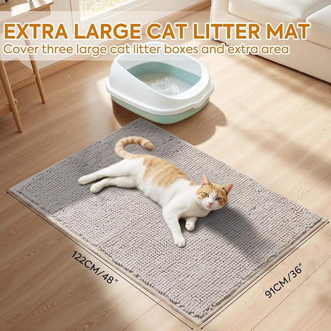Pieviev Soft Chenille Cat Litter Box Mat, Ultra Absorbent, 48'' x 36'' | Long Plush Chenille Traps Cat Deeply, Waterproof Tpr Anti-Slip Backing, Absorbs Moisture, Machine Washable Cat Mat