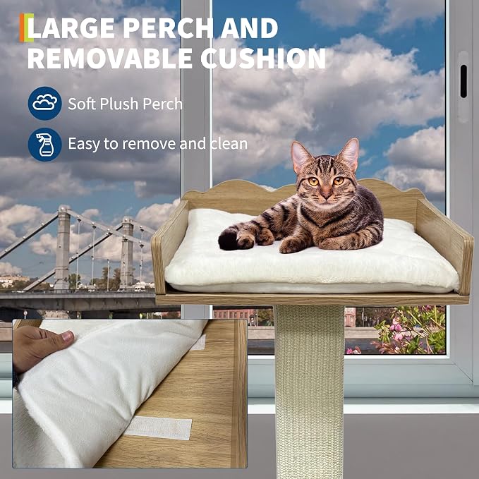 GarveeLife Cat Window Perch with Tall Scratching Posts and 2 Platforms, 40 in Sisal Climbing Tree Hammmock with Suction Cups, 2 Install Ways, Cats Window Bed with Removable Cushion