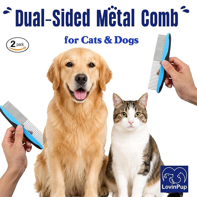 Pet Metal Comb for Dogs and Cats (2-Pack) – Detangling Comb | Stainless Steel Rounded Teeth for Painless Detangling – Dual-Spacing w/Comfort Grip Handle – Professional Grooming Tools