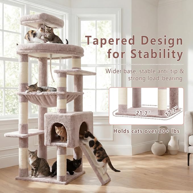 Heybly 64.2" Heavy-Duty Cat Tree for Large Cats with Wide Base HCT027MU | Indoor Cat Tower with Scratching Posts & Board, Cat Furniture with Big Platforms, Extra-Large Hammock, Rosy Brown