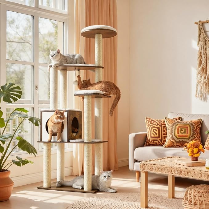 Feandrea Cat Tree, 64.6-Inch Modern Cat Tower, Multi-Level Condo with 5 Scratching Posts, Perch, Washable Removable Cushions, Cave, Rustic Brown UPCT166X01 | Modern Cat Condo for Indoor Cats, Perch, Washable Removable Cushions, Rustic Brown, CAEN Colle...