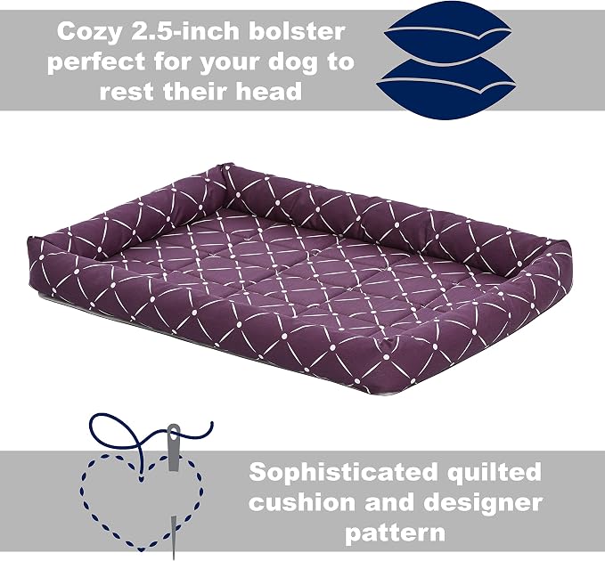 MidWest Homes for Pets 40230-PLD Quiet Time Couture Ashton Bolster Pet Bed, Intermediate Dog/30, Plum, Plum & White Diamond Pattern, 30-Inch