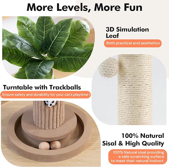 WOOCHPET Cat Scratching Post for Indoor Cats 35" Tall, Sisal Cat Scratcher with Mouse Toy and Track Balls, Wooden Base (Beige)