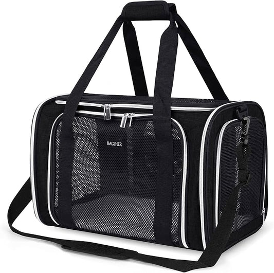 BAGLHER Pet Travel Carrier, Cat Carriers Dog Carrier for Small Medium Cats Dogs Puppies, Airline Approved Small Dog Carrier Soft Sided, Collapsible Puppy Carrier. Black