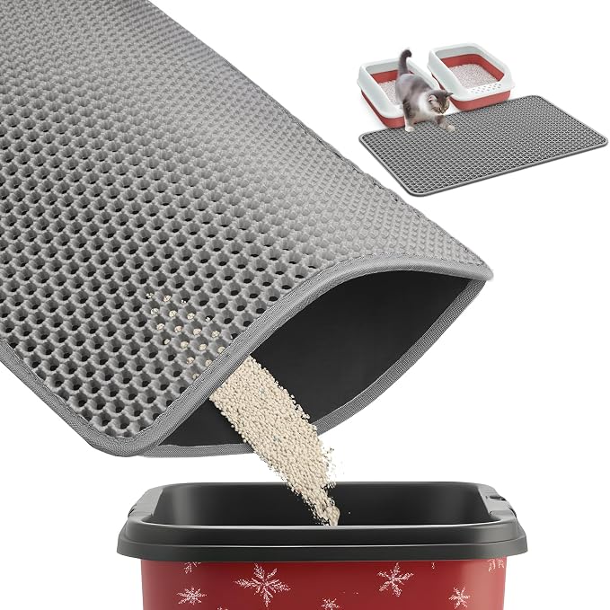 Powools Ultra-Large Cat Litter Mat, 35'' x 30", Double-Layer, Grey | Urine-Proof, Non-Slip Litter Trapping Mat, Easy to Clean, Kitty Litter Mats for Floor, Scatter Control