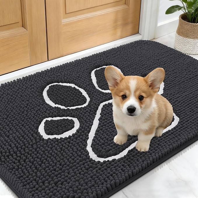 OLANLY Dog Door Mat for Muddy Paws 24x16, Paw Print Design Chenille Mud Mat | Dark Grey, Absorbent, Traps Moisture and Dirt, Non-Slip Washable Doormat, Quick-Drying Indoor Entryway Floor Carpet for Dogs