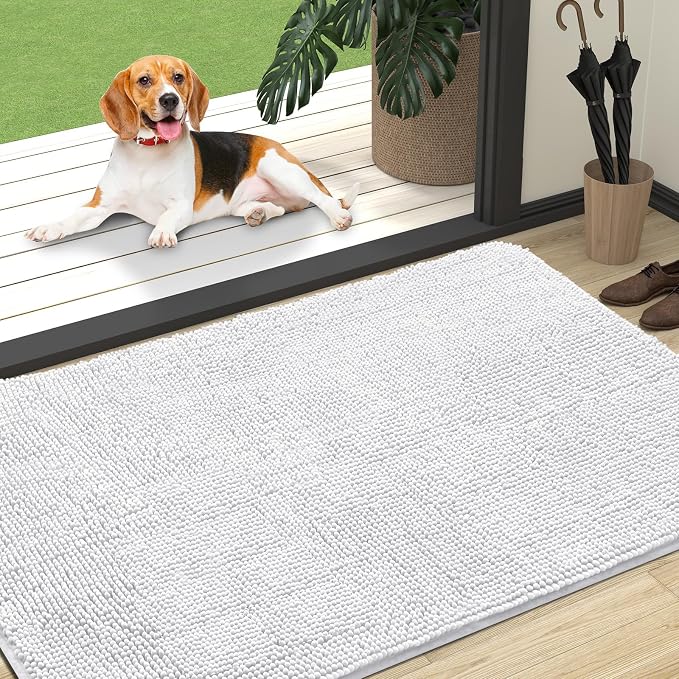 OLANLY Dog Door Mat for Muddy Paws 47x32, Super Absorbent Chenille Mud Mat | White, Absorbs Moisture and Dirt, Non-Slip Machine Washable Doormat, Quick-Drying Indoor Entryway Floor Carpet for Dogs