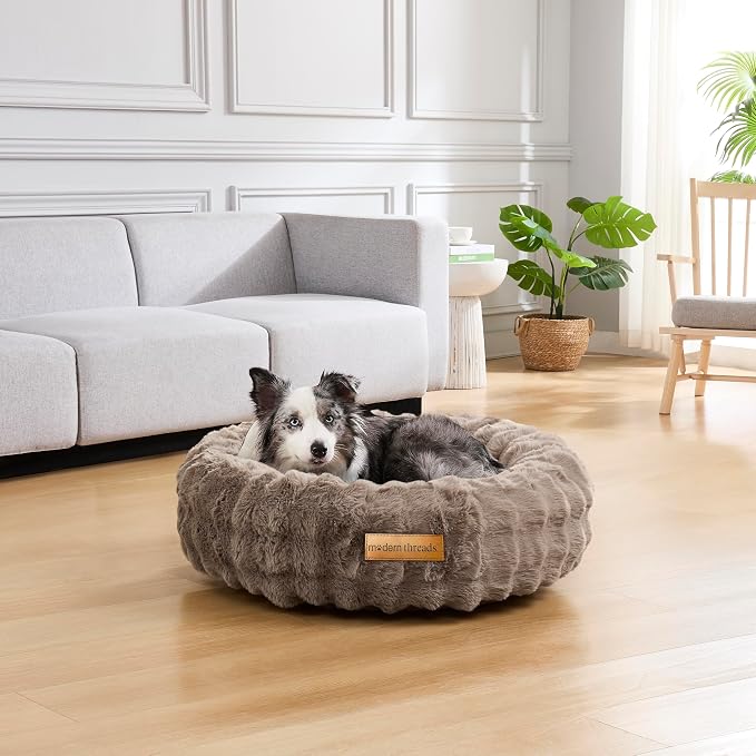Modern Threads Calming Donut Dog Bed for Small Dogs, Plush Round Faux Fur Pet Bed with Raised Bolster, Soft Washable Dog Bed, 24x24x9, Taupe