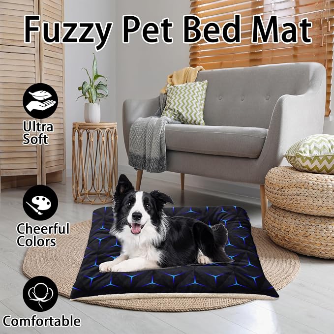 HOSIMA Geometry Print Pet Bed Mat,Fuzzy Crate Pads for Dog Cages,Washable Soft Cozy Sleeping Mat,Plush Black Pad Suitable for Medium Dog Bed,38L*32W Inch.