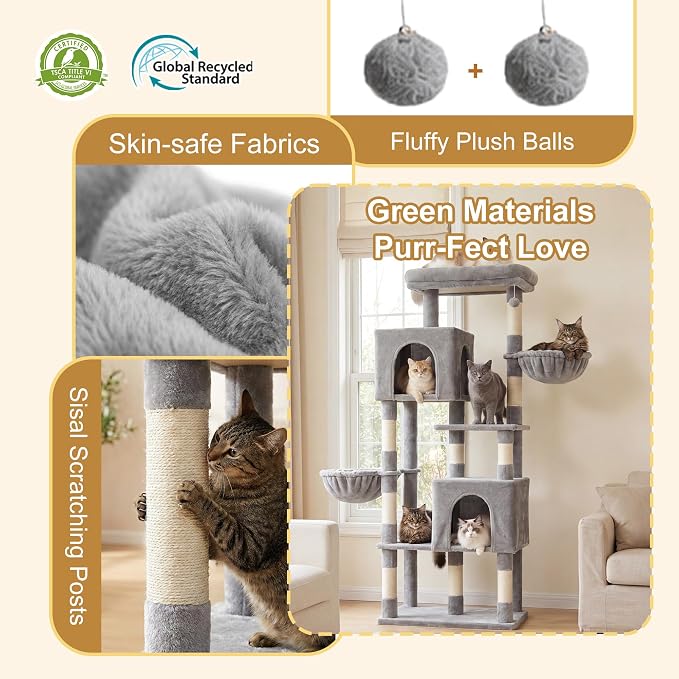 Heybly 68.1" Cat Tree with Oversized Top Platform & Wide Base HCT059W | Heavy Duty Cat Tower for Large Indoor Cats with 2 Condos, 2 Hammocks, 10 Sisal Scratching Posts, Stable Cat House, Light Gray