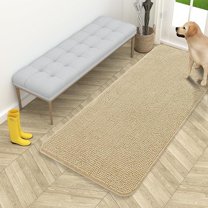 OLANLY Dog Door Mat for Muddy Paws 54x24, Super Absorbent Chenille Mud Mat | Beige, Absorbs Moisture and Dirt, Non-Slip Machine Washable Doormat, Quick-Drying Indoor Entryway Floor Carpet for Dogs