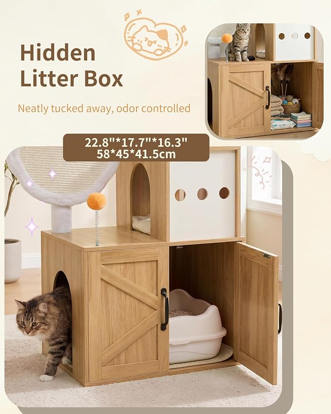 Heybly Cat Tree with Litter Box Enclosure, Modern 64" Hidden Tower HCT105BT | All-in-One Solid Wood Cat Condo for Indoor Cats with Paw-Shaped Board, Multi-Level Perch & Playzone, White Oak