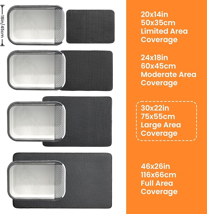 Extra Large Cat Litter Mat, Double Layer Honeycomb Design | 30x22”, Reduces Litter Tracking, Easy to Clean, Waterproof, Non-Slip, Soft on Paws, Scratch Resistant, Black, XL