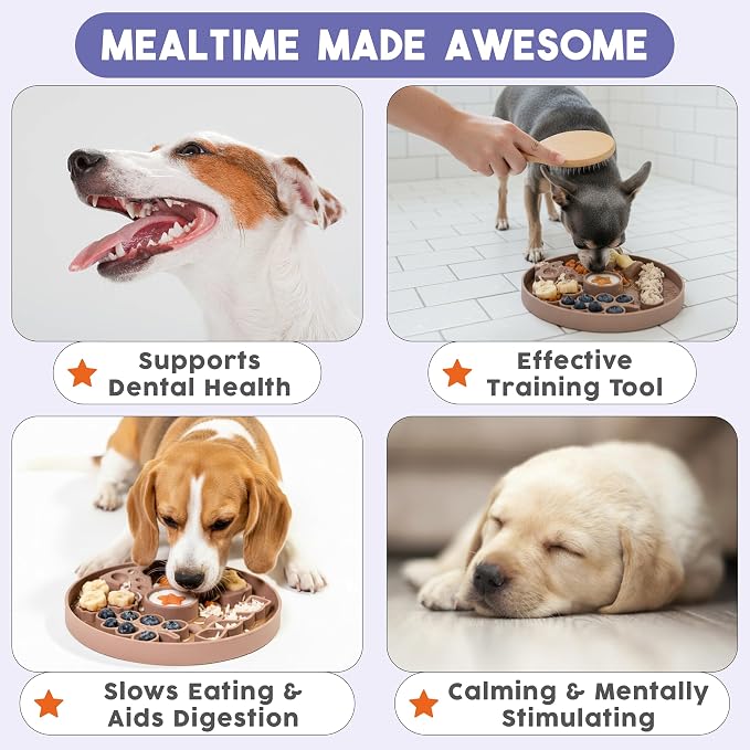 Awoo Smorgasboard - Silicone Dog and Puppy Lick Mat and Slow Feeder with Suction Cups - Non-Slip, Dishwasher Safe Pet Dish - Extends Mealtime for Fast Eaters - for Wet & Dry Food (Toast)