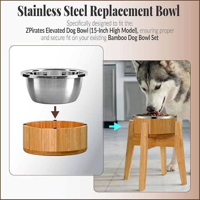 Dog Bowl, Stainless Steel for Large Breeds, 9.5 x 3.9 Inch, 74-oz Capacity | Stainless SUS 304, Thick, Broad Rim for Handling - Fits ZPirates Raised Bamboo Dog Feeder