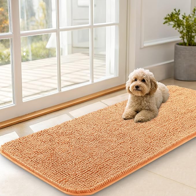 OLANLY Dog Door Mat for Muddy Paws 47x20, Super Absorbent Chenille Mud Mat | Orange, Absorbs Moisture and Dirt, Non-Slip Machine Washable Doormat, Quick-Drying Indoor Entryway Floor Carpet for Dogs