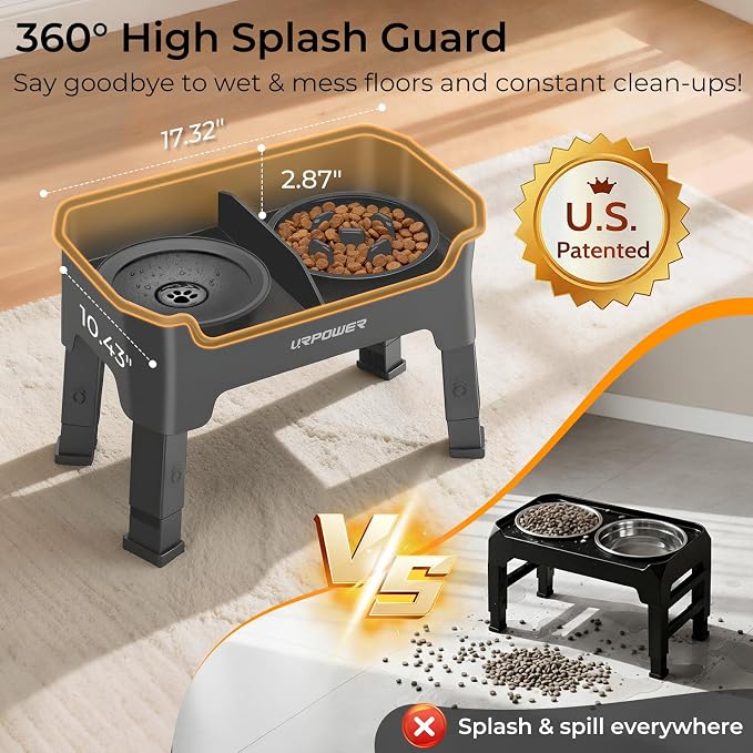 URPOWER Mess Proof Elevated Dog Bowls 4 Height Adjustable Raised Stand with No Spill Water Bowl and Slow Feeder Dog Bowls Non-Slip Food and Water Bowl Set for Small, Medium & Large Dogs