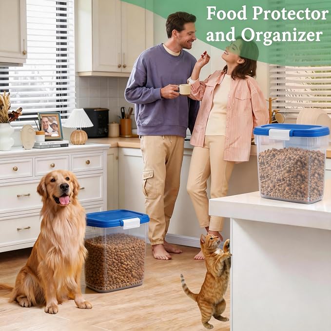 10-15 Lbs Dog Cat Pet Food Storage Container Airtight, Slim Dry Food Bin | Clear Plastic Food Container for Dogs, Cats, Bird Seeds, Kibble, Pellets, Rice, Flour, Food Container with Lid, Scoop and Cup