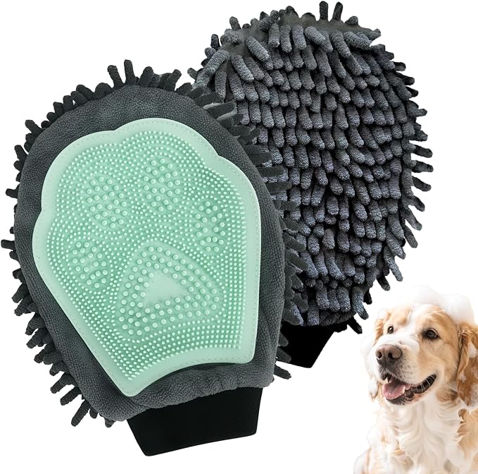 Green Double-Sided Dog Bath Glove Dog Washing Glove for Dogs&Cats | Massage Dog Brush Glove,Chenille Absorbent Pet Towel Mitt,Pet Grooming Glove for Hair Removal Glove,Pet Bathing Glove