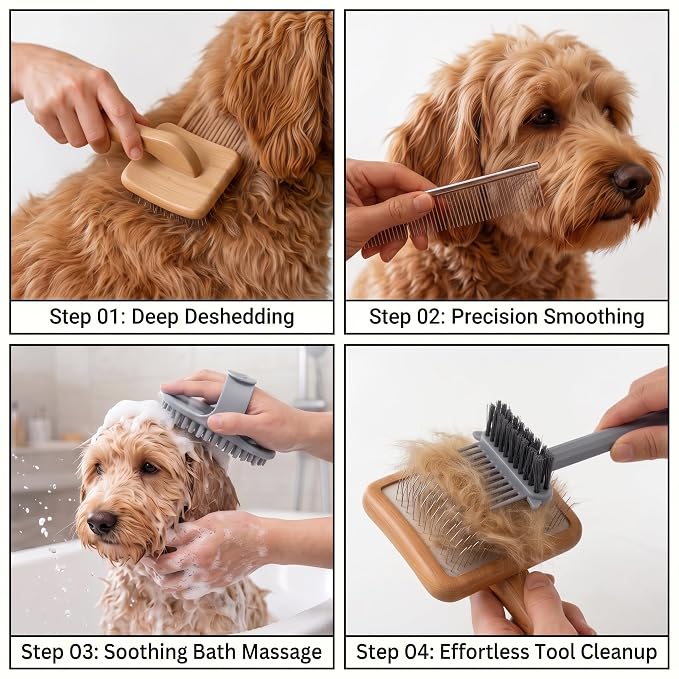 Slicker Brush for Dogs, Professional Dog Grooming Brush Kit 4PCS | Doodles Brush for Goldendoodles Poodles, Long Pin Haired Brush, Easy to Daily Detangling to Prevent Matting