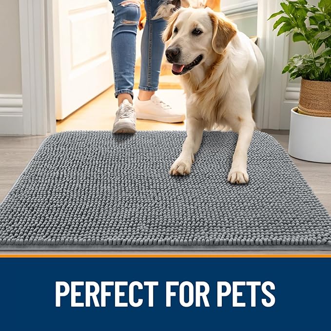 OLANLY Dog Door Mat for Muddy Paws 70x35, Super Absorbent Chenille Mud Mat | Grey, Absorbs Moisture and Dirt, Non-Slip Machine Washable Doormat, Quick-Drying Indoor Entryway Floor Carpet for Dogs