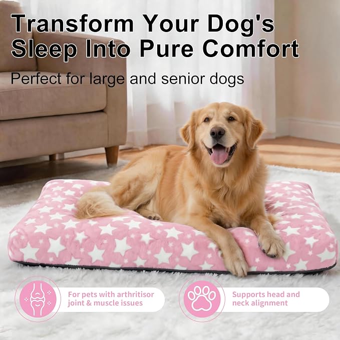 Orthopedic Dog Bed for Large Dogs, Washable Dog Mat with Removable Zippered Cover, Non-Slip Bottom, Comfort Crate Bed (Big&Little Stars Pink, L(35"*23"*3.1"))