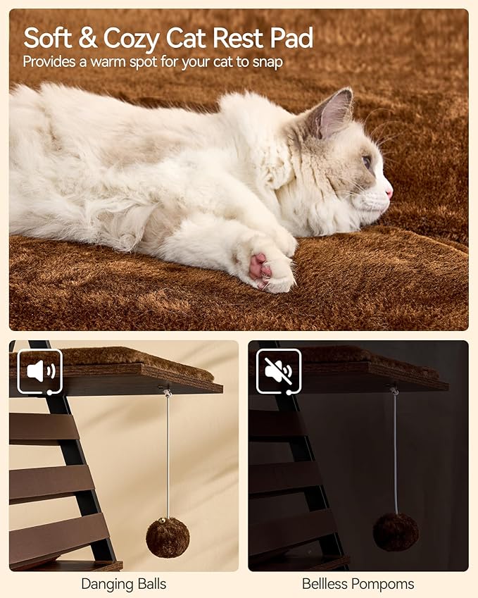 72.4" Modern Cat Tower for Indoor Cats - Multi-Level Condo With Caves, Tall Tree With Scratching Board, Wooden Tower With Large Perch, Removable Pads, Rustic Brown