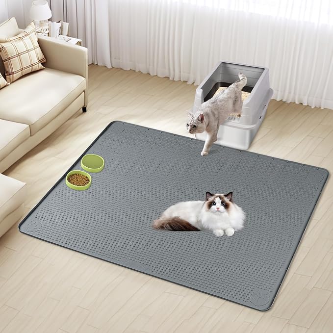 Silicone Cat Litter Mat for Litter Box 50”x35” Large Cat Mat, Dark Grey | Waterproof, Non-Slip, Leak-Proof Rug Mat with Lip, Easy to Clean, Extra Large Litter Catcher Mat for Floor