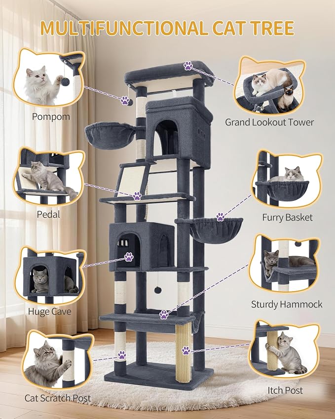 Hzuaneri Tall Cat Tree 75 Inch, Indoor Large Multi-Level Cat Tower | Cat Condo Furniture with 5 Scratching Post, 2 Hanging Basket, 2 Condo, 2 Large Platform, Pet Play House, Dark Grey MS19018SG