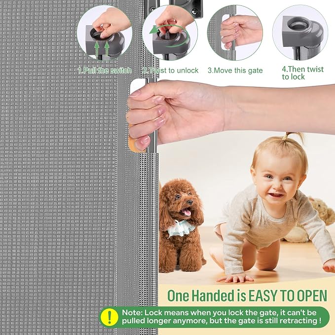 Retractable Baby Gate for Stairs & Doorways, 33" Tall Extends to 55" Wide | Extra Wide Safety Kid Pet Gate, Mesh Dog Gate for Indoor, Outdoor, Hallways One-Handed Operation, Easy Install(33”x55”- Grey)