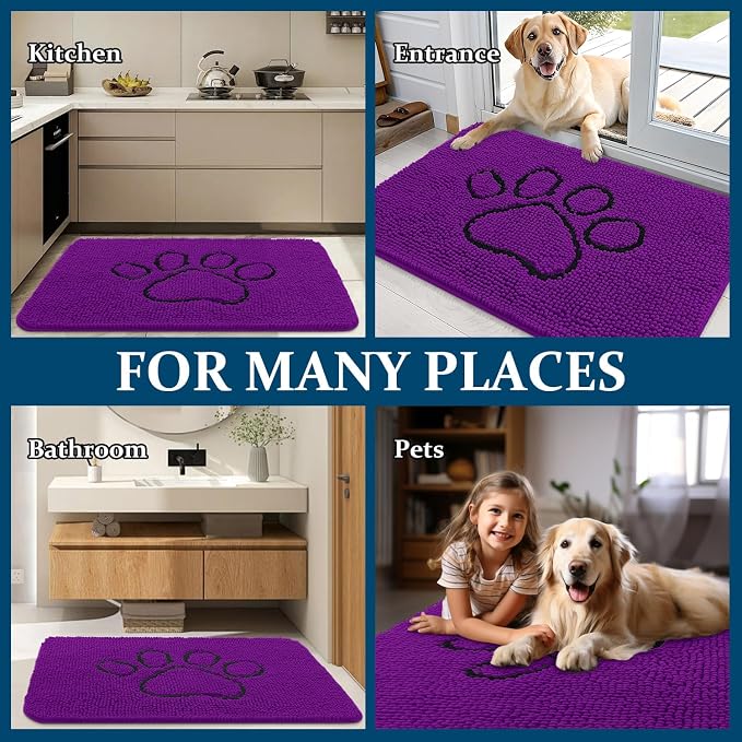 OLANLY Dog Door Mat for Muddy Paws 30x20, Paw Print Design Chenille Mud Mat | Purple, Absorbent, Traps Moisture and Dirt, Non-Slip Washable Doormat, Quick-Drying Indoor Entryway Floor Carpet for Dogs