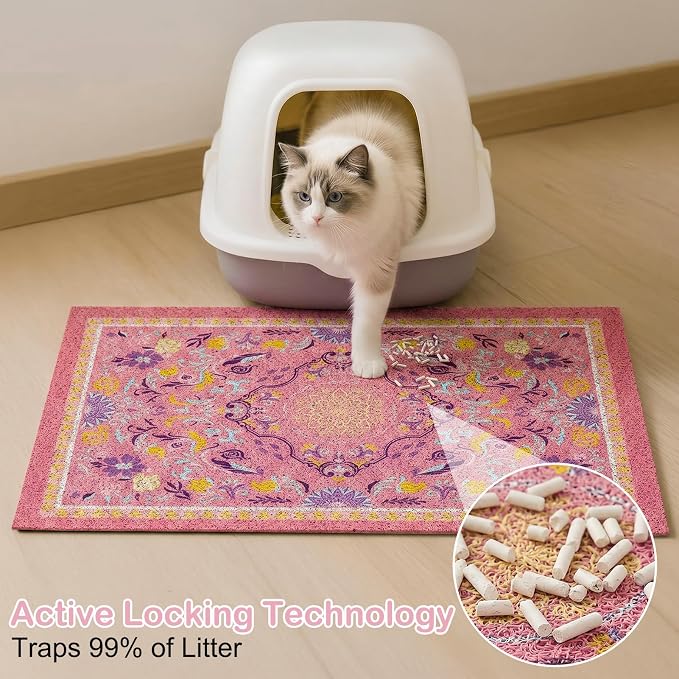 Glittme Cat Litter Mat with Non-Slip Bottom Litter Box Mat 33"X22" Litter Trapping Mat Easy to Clean Washable Cat Food Mat for Kitty,L