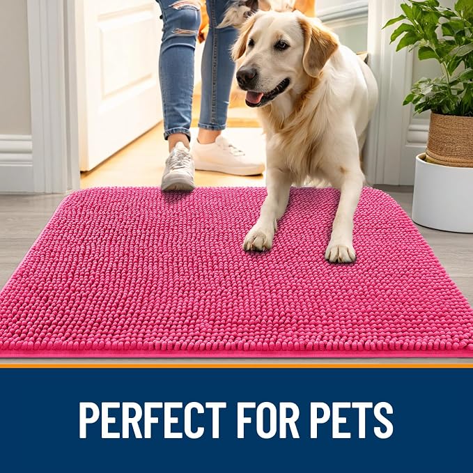 OLANLY Dog Door Mat for Muddy Paws 32x20, Super Absorbent Chenille Mud Mat | Hot Pink, Absorbs Moisture and Dirt, Non-Slip Machine Washable Doormat, Quick-Drying Indoor Entryway Floor Carpet for Dogs