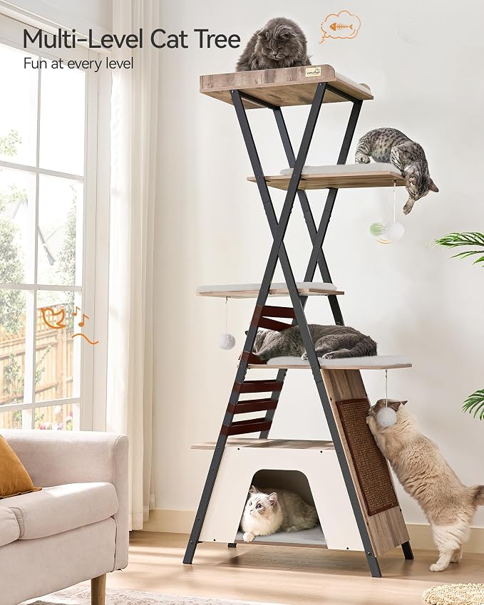72.4" Cat Tree, Modern Cat Tower for Indoor Cats, Multi-Level Cat Condo with Caves, Tall Cat Tree with Cat Scratching Board, Wooden Cat Tower with Large Perch, Removable Pads, Camel Brown