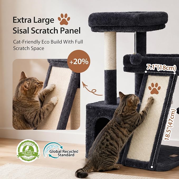 Heybly Compact Cat Tree with Big Scratcher, Stable Cat Tower HCT206SG | 27.2" Cat Furniture with 2 Top Perches, Floor Cat Condo, Cozy Hammock, Space-Saving Cat Activity Center, Smoky Gray
