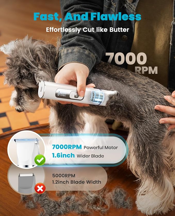 oneisall 4 in 1 Dog Grooming Kit with LCD Display (White) | Paw Hair Trimmer & Nail Grinder, Rechargeable, Cordless, Low Noise, IPX7 Waterproof, 3 Speeds Pet Grooming Clippers