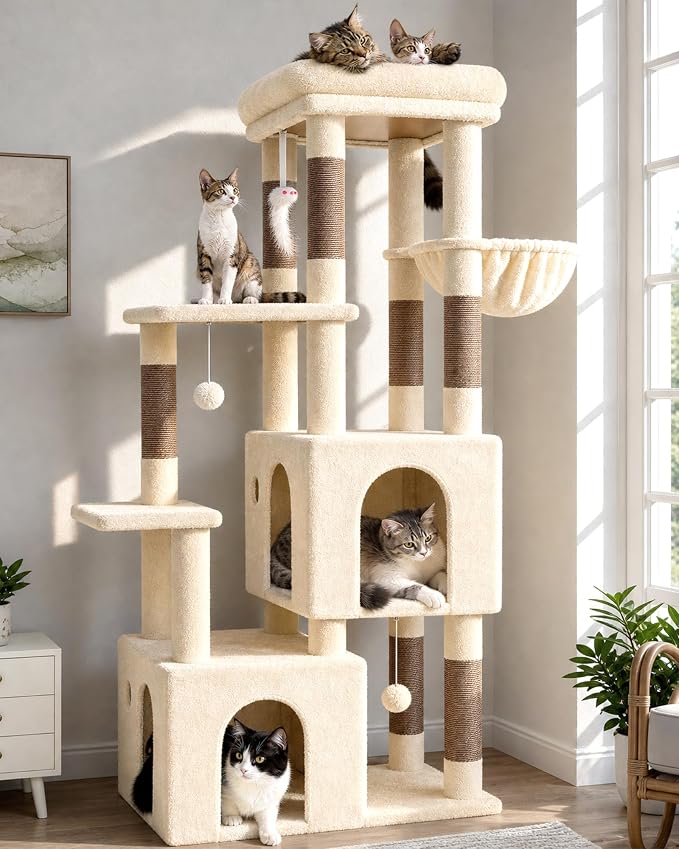 Globlazer Heavy Duty Cat Trees for Big Cats Maine Coon, F61, Beige | Cat Tower for Indoor Large Adult Cats with Scratching Post, Extra Large Top Perch, Cat Condos, 61inch
