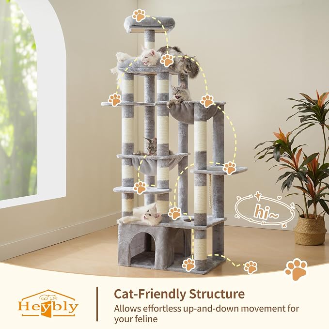 Heybly Cat Tree, 71-Inch Tall Cat Tower for Large Maine Coon Cats HCT037W | Cat Condo Furniture with Extra-Large Baseboard, Multi-Level Platforms, 2 Hammocks and 12 Scratching Posts, Light Gray