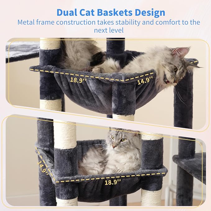 Heybly Cat Tree, 71-Inch Tall Cat Tower for Large Maine Coon Cats HCT037G | Cat Condo Furniture with Extra-Large Baseboard, Multi-Level Platforms, 2 Hammocks and 12 Scratching Posts, Smoky Gray