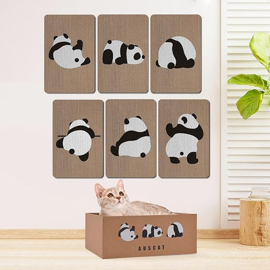 AUSCAT Cardboard Cat Wall Scratcher, 7 cat Scratching Boards with Box, Wall Mounted Cat Scratching Pads for Indoor Cats, Furniture Protector, 14.5" x 9.3", Panda Pattern