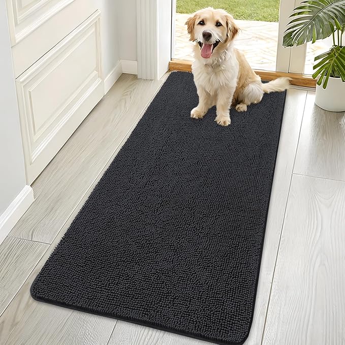 OLANLY Dog Door Mat for Muddy Paws 70x35, Super Absorbent Chenille Mud Mat | Dark Grey, Absorbs Moisture and Dirt, Non-Slip Machine Washable Doormat, Quick-Drying Indoor Entryway Floor Carpet for Dogs