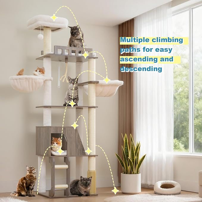 Hey-brother Wooden Cat Tree, Furniture Tower with Large Platforms, MPJ121SG | 69.7 inch, Modern Full Sisal Scratching Posts, Hammocks, Spacious Condo, Ladder, Brush, Water Proof Surface, Rustic Gray
