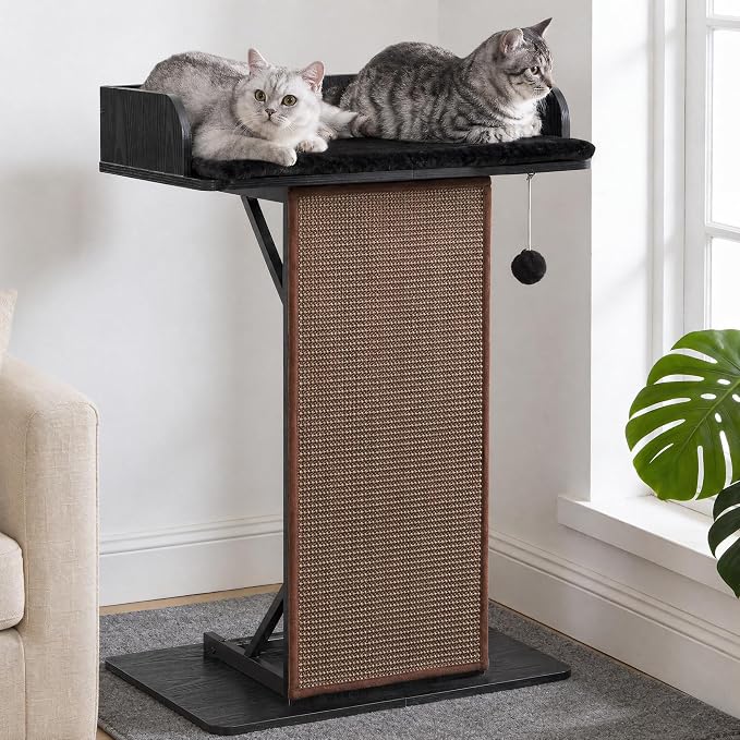 Modern Wood Cat Tree Tower for Indoor Large Adult Cats with Big Perch Bed | 33.8in Tall Wooden Cat Trees with Platform, Cat Scratching Pads, Washable Cushions, Cat Furniture for Window, Rustic Black