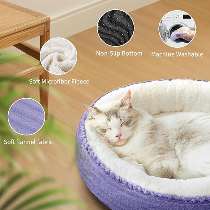 Zerbuger 20in Violet Round Cat Dog Bed Gift for Large Medium Small Dogs Cats, Machine Washable Sleeping Sofa, Non-Slip Bottom Breathable Soft Calming Pet Cuddler for Indoor/Outdoor/Car/Cage