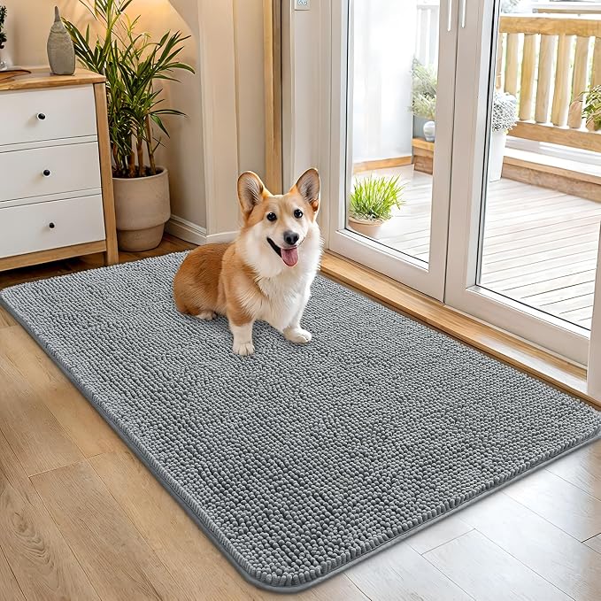 OLANLY Dog Door Mat for Muddy Paws 45x27, Super Absorbent Chenille Mud Mat | Grey, Absorbs Moisture and Dirt, Non-Slip Machine Washable Doormat, Quick-Drying Indoor Entryway Floor Carpet for Dogs