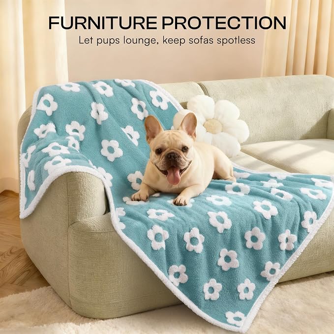 Luciphia Waterproof Pet Blanket for Medium Large Dogs Washable Fluffy Thick Jacquard Shag Fleece Warm Sherpa 3D Textured Flower Print for Cats Puppy Couch Protection (Blue,85x57 inches)